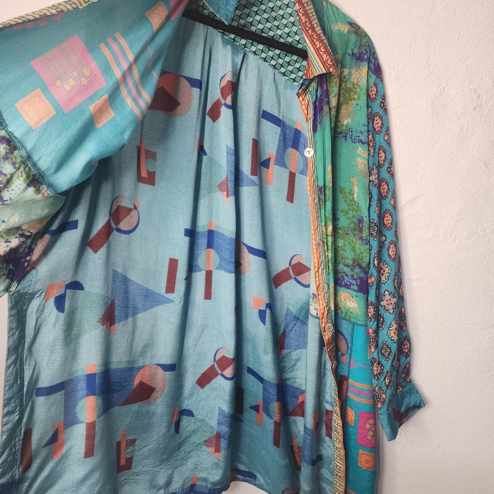 John Mark Abstract Patchwork Viscose Button Front… - image 9